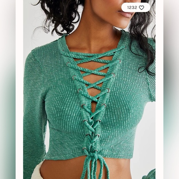 Free People Primadonna Cropped Long Sleeve Ribbed Top Mint Green Size M - Picture 2 of 5